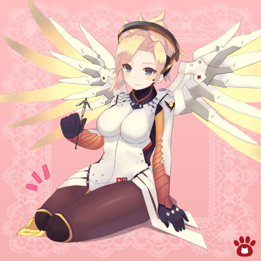 1girl arm_support blonde_hair blue_eyes blush breasts gloves high_ponytail highres holding large_breasts long_hair mechanical_halo mechanical_wings mercy_(overwatch) mimikaki nekomo overwatch pantyhose ponytail seiza short_hair sitting skin_tight solo staff wings