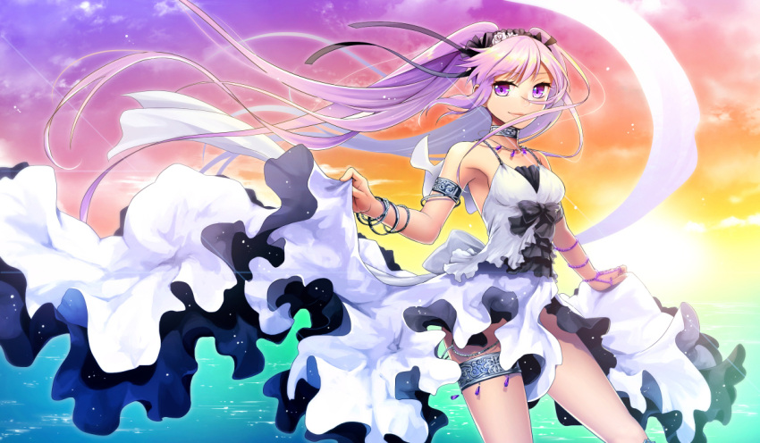 1girl armlet armpits bangs beads black_bow black_ribbon blurry bow bracelet closed_mouth clouds cocorosso depth_of_field dress euryale eyebrows eyebrows_visible_through_hair fate/grand_order fate_(series) floating_hair frills gradient hair_ribbon headdress jewelry legs_apart light_particles long_hair looking_at_viewer necklace ocean purple_hair ribbon skirt_hold sky sleeveless sleeveless_dress smile solo sun swept_bangs thighlet twilight twintails very_long_hair violet_eyes white_dress wind