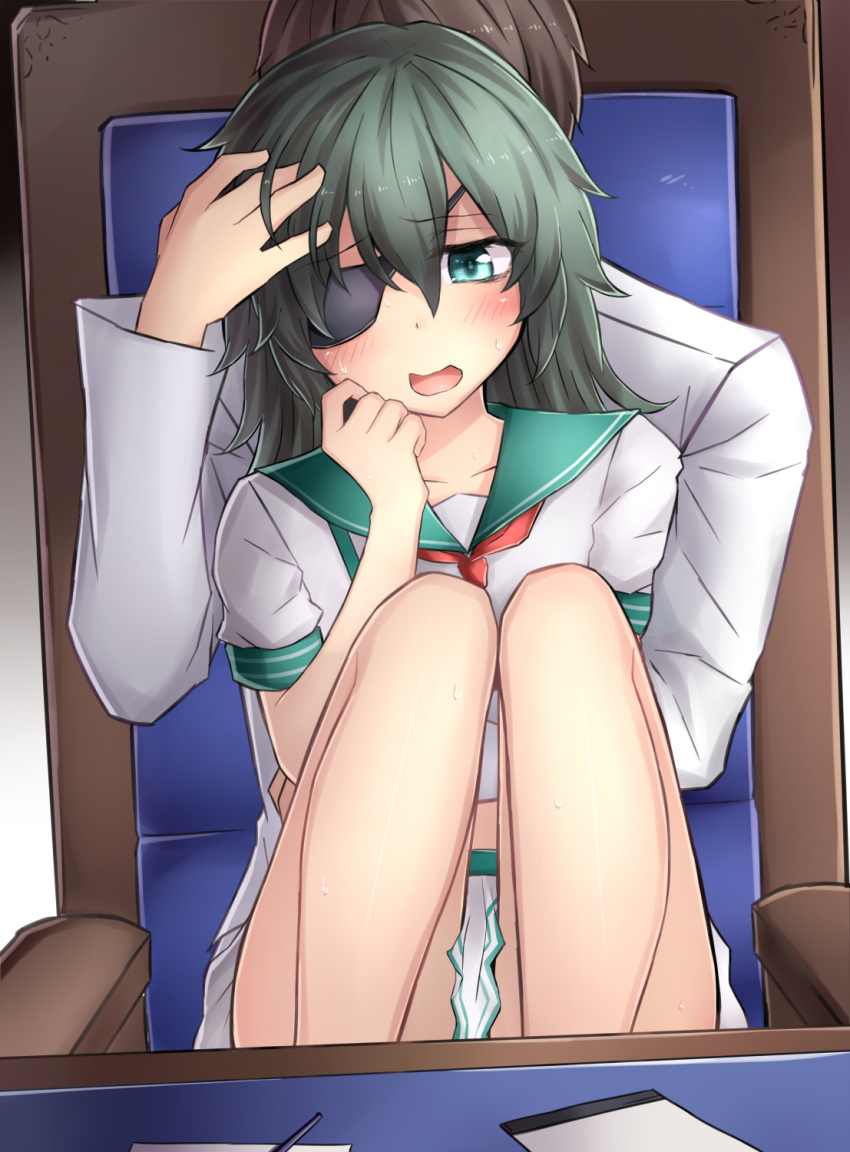 admiral_(kantai_collection) blush brown_hair chair commentary_request desk eyepatch faceless faceless_male green_eyes green_hair hand_in_another's_hair hand_on_own_cheek highres hug hug_from_behind kantai_collection kiso_(kantai_collection) knees_up military military_uniform neckerchief neit_ni_sei open_mouth paper pen pleated_skirt sailor_collar sailor_shirt shirt short_hair short_sleeves sitting sitting_on_lap sitting_on_person skirt sweat uniform white_shirt white_skirt