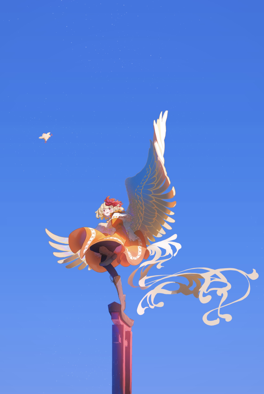 1girl absurdres animal bird bird_tail bird_wings blonde_hair blue_sky boots brown_footwear chick dress feathered_wings full_body highres kajatony knee_boots multicolored_hair niwatari_kutaka open_mouth orange_dress red_eyes redhead shirt short_hair sky smile solo standing standing_on_one_leg tail torii touhou two-tone_hair white_shirt wings