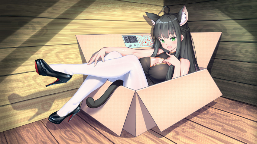 1girl absurdres ahoge animal_ears bangs bare_shoulders black_hair blunt_bangs box braid breasts cardboard_box cat_ears cat_tail chinese_commentary cleavage_cutout clothing_cutout dress extra_ears eyebrows_visible_through_hair full_body green_eyes high_heels highres in_box in_container konishi_(565112307) large_breasts legs_up long_hair nekomata open_mouth original pantyhose pumps shadow sitting solo strapless strapless_dress tail white_legwear wooden_floor wooden_wall