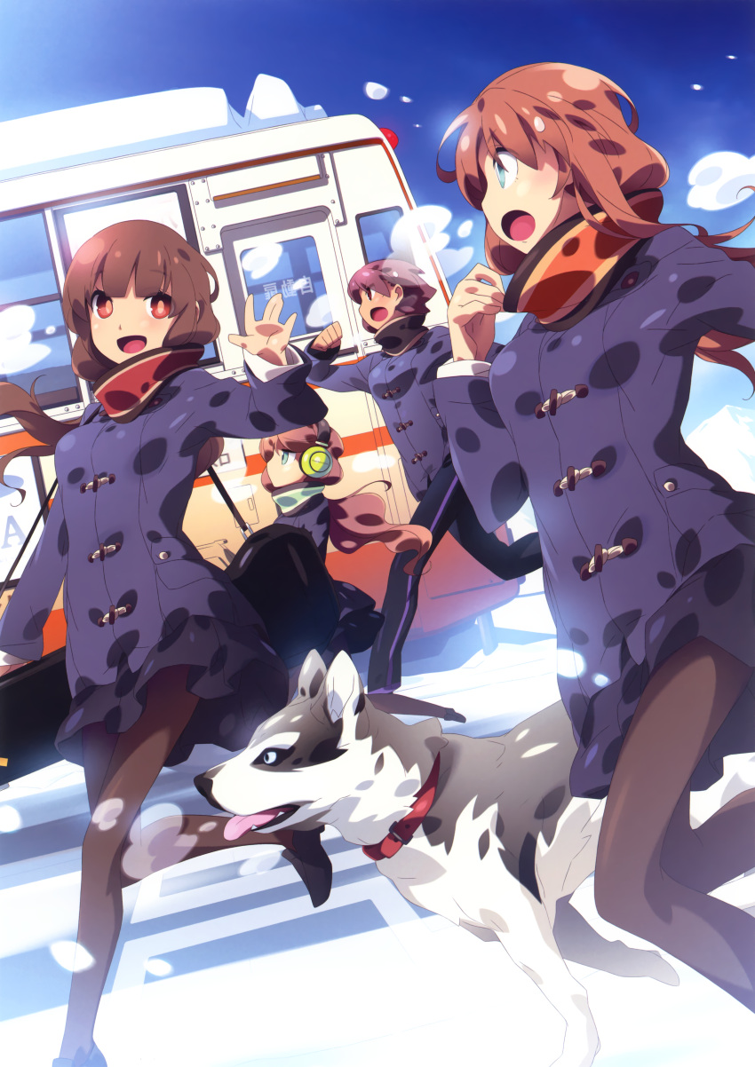 4girls :d absurdres akinoko black_hair blue_coat breasts breath brown_hair bus clenched_hand coat collar dog dutch_angle green_eyes ground_vehicle headphones highres huge_filesize long_hair motor_vehicle multiple_girls open_mouth original outdoors pantyhose ponytail profile red_eyes running scan scarf short_hair sideways_mouth smile snow tongue tongue_out