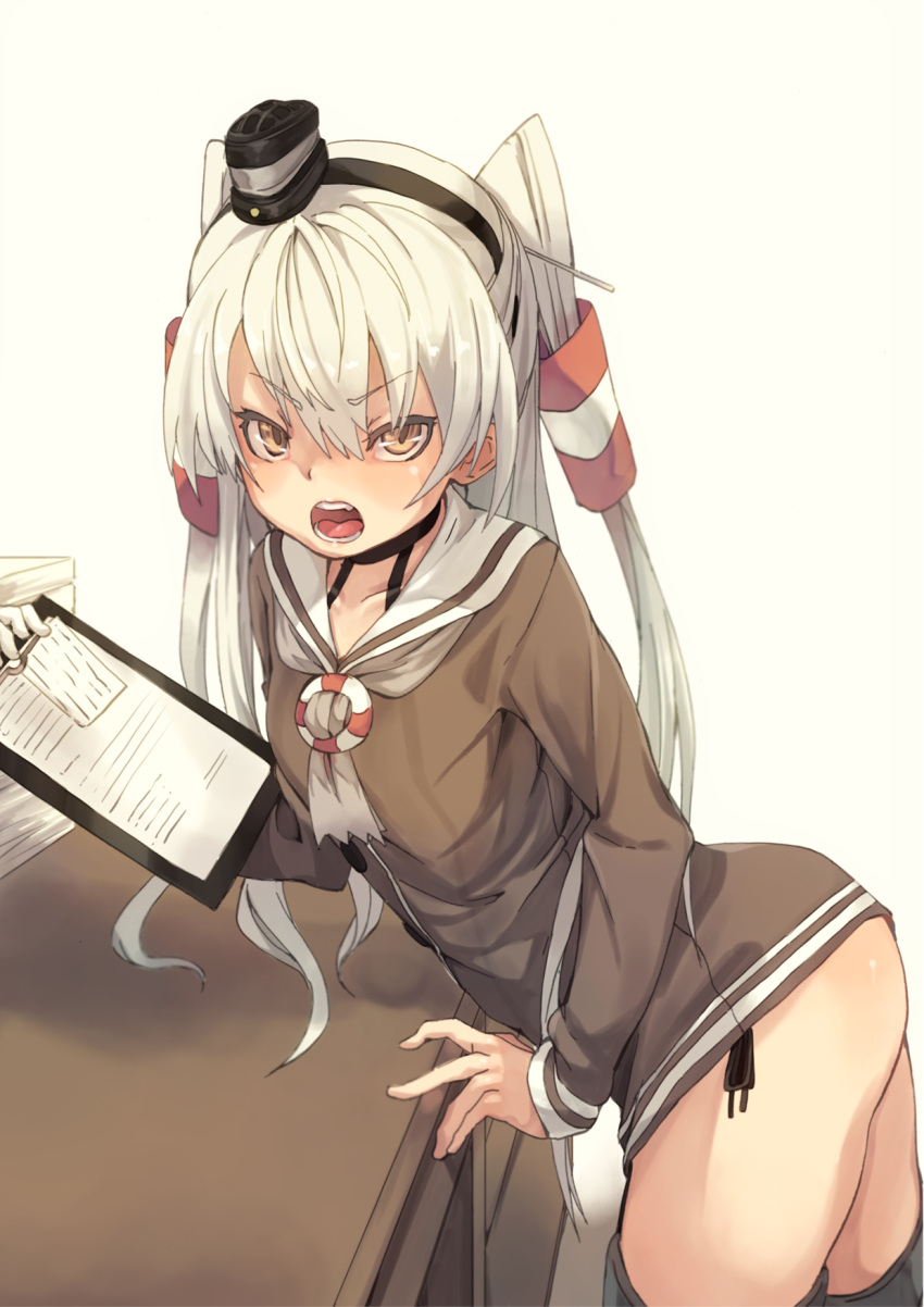 1girl amatsukaze_(kantai_collection) collarbone contrapposto desk dress eyebrows frown fu-ta hair_between_eyes hair_tubes hat highres kantai_collection lifebuoy long_hair long_sleeves looking_at_viewer mini_hat open_mouth panties paper pose sailor_collar sailor_dress side-tie_panties solo teeth tongue twintails underwear white_hair