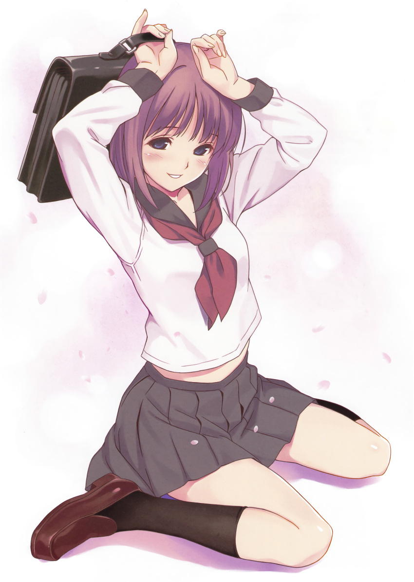 1girl absurdres arms_up black_legwear black_skirt blue_eyes blush brown_shoes full_body head_tilt highres holding holding_bag kneehighs koutaro loafers long_sleeves midriff neckerchief original parted_lips petals pleated_skirt purple_hair scan school_briefcase school_uniform serafuku shirt shoes simple_background sitting skirt smile solo wariza white_background white_shirt