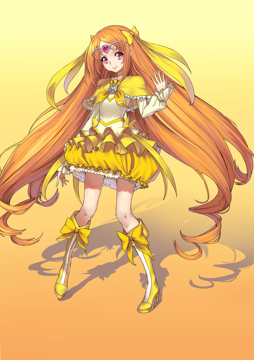 1girl absurdres boots bow brooch brown_hair bubble_skirt circlet cru cure_muse_(yellow) frilled_skirt frills full_body gradient gradient_background hair_bow heart highres jewelry knee_boots long_hair looking_at_viewer magical_girl orange_background pink_eyes precure shadow shirabe_ako skirt smile solo suite_precure two-tone_background very_long_hair yellow_background yellow_boots yellow_bow yellow_skirt