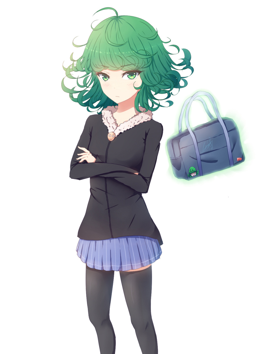 1girl black_legwear blue_skirt crossed_arms edison green_eyes green_hair highres long_hair looking_at_viewer messy_hair one-punch_man pleated_skirt simple_background skirt solo tatsumaki thigh-highs white_background