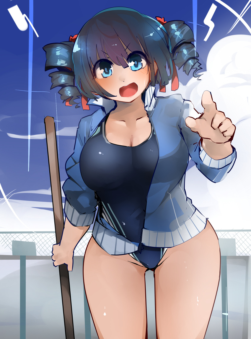 1girl black_hair blue_eyes competition_swimsuit drill_hair highres jacket long_hair minmin_(neko4339) one-piece_swimsuit original solo swimsuit twin_drills twintails