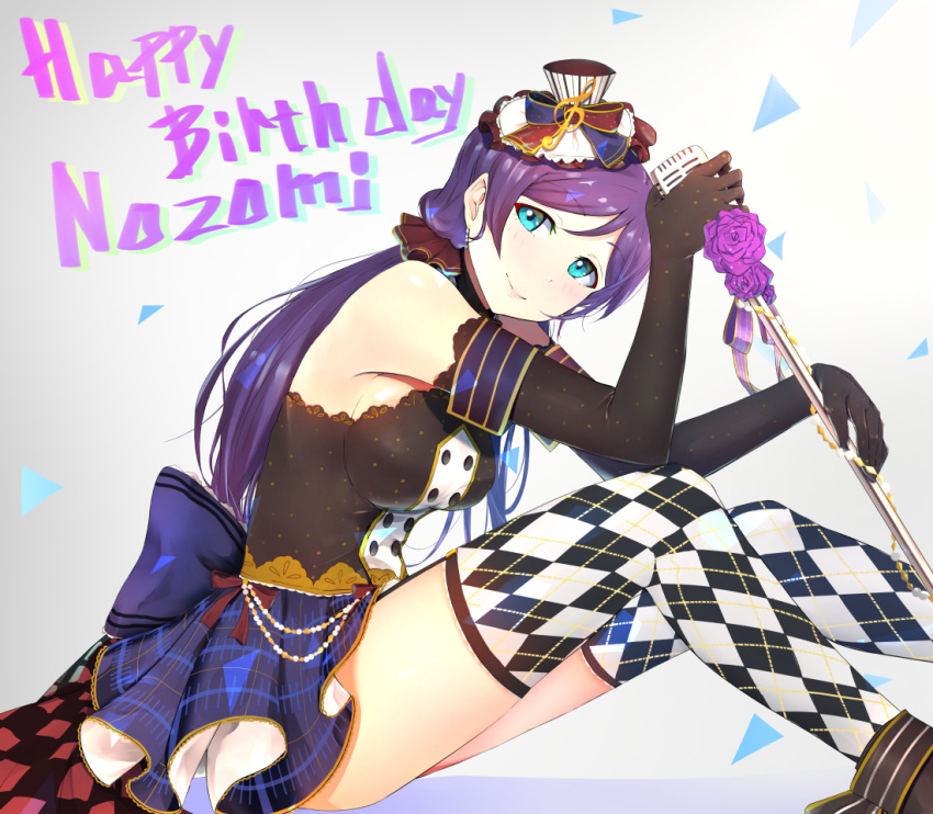 1girl aqua_eyes bangs black_gloves bow breasts cafe_maid character_name checkered commentary_request elbow_gloves frills gloves hair_ornament happy_birthday hat long_hair love_live!_school_idol_festival love_live!_school_idol_project low_twintails marshall_(wahooo) microphone microphone_stand mini_hat mini_top_hat purple_hair scrunchie skirt smile solo thigh-highs top_hat toujou_nozomi twintails