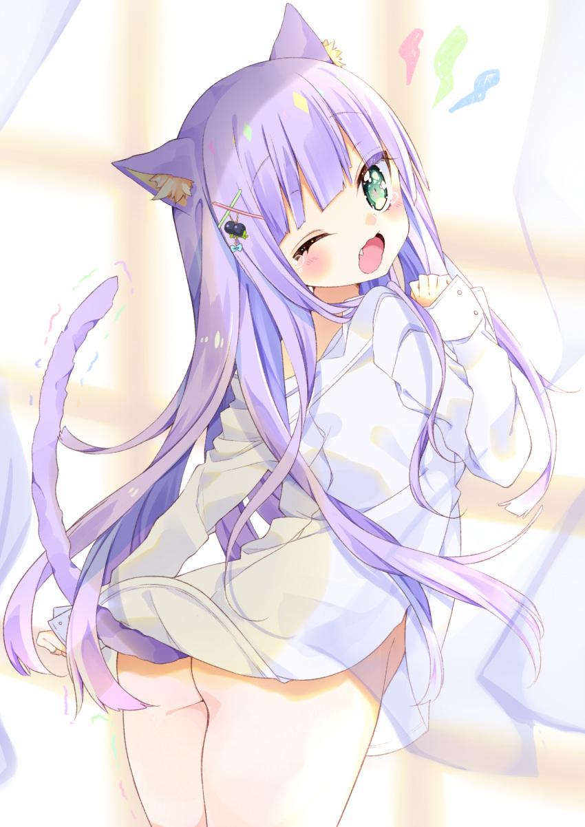 1girl ;d animal_ears ass cat_ears cat_girl cat_tail chico152 dress_shirt fang green_eyes hair_ornament hairclip hand_up highres long_hair looking_at_viewer looking_back naked_shirt one_eye_closed open_mouth original shirt sleeves_past_wrists smile solo tail thighs violet_eyes x_hair_ornament