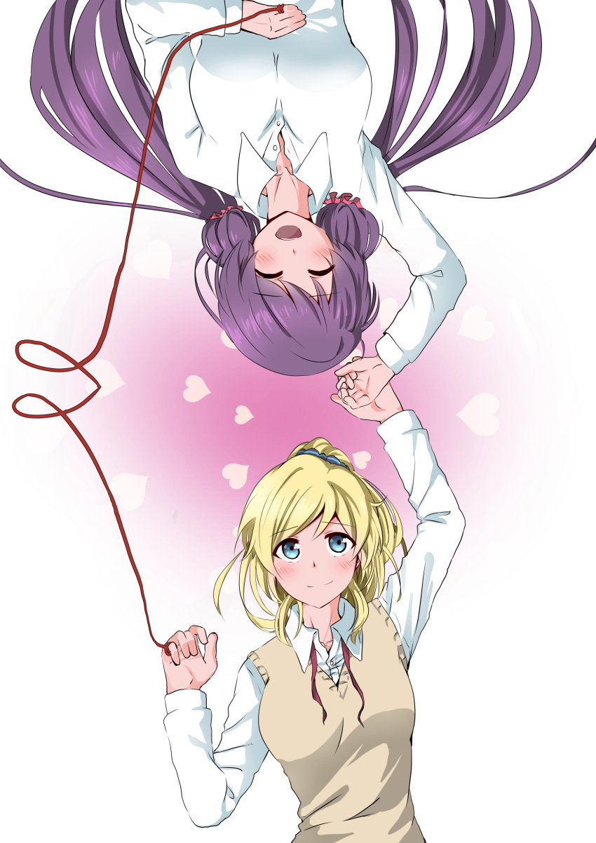 2girls absurdres ayase_eli blonde_hair blue_eyes blush closed_eyes heart highres holding_hand love_live!_school_idol_project mou_liang multiple_girls open_mouth ponytail purple_hair red_string scrunchie smile string toujou_nozomi twintails upside-down yuri