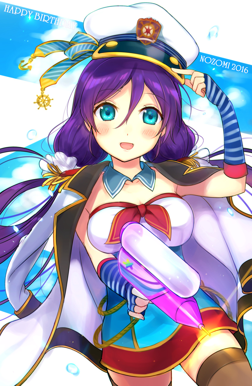 1girl 2016 aqua_eyes blush breasts character_name cleavage epaulettes fingerless_gloves gloves happy_birthday hat highres jacket_on_shoulders kakizato long_hair looking_at_viewer love_live!_school_idol_festival love_live!_school_idol_project purple_hair smile solo striped striped_gloves toujou_nozomi twintails