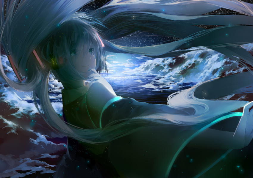 1girl aqua_hair dark detached_sleeves eye_reflection floating_hair glycan hand_on_own_chin hatsune_miku headset horizon light_particles light_smile long_hair ocean reflection solo star_(sky) transparent twintails upper_body vocaloid water
