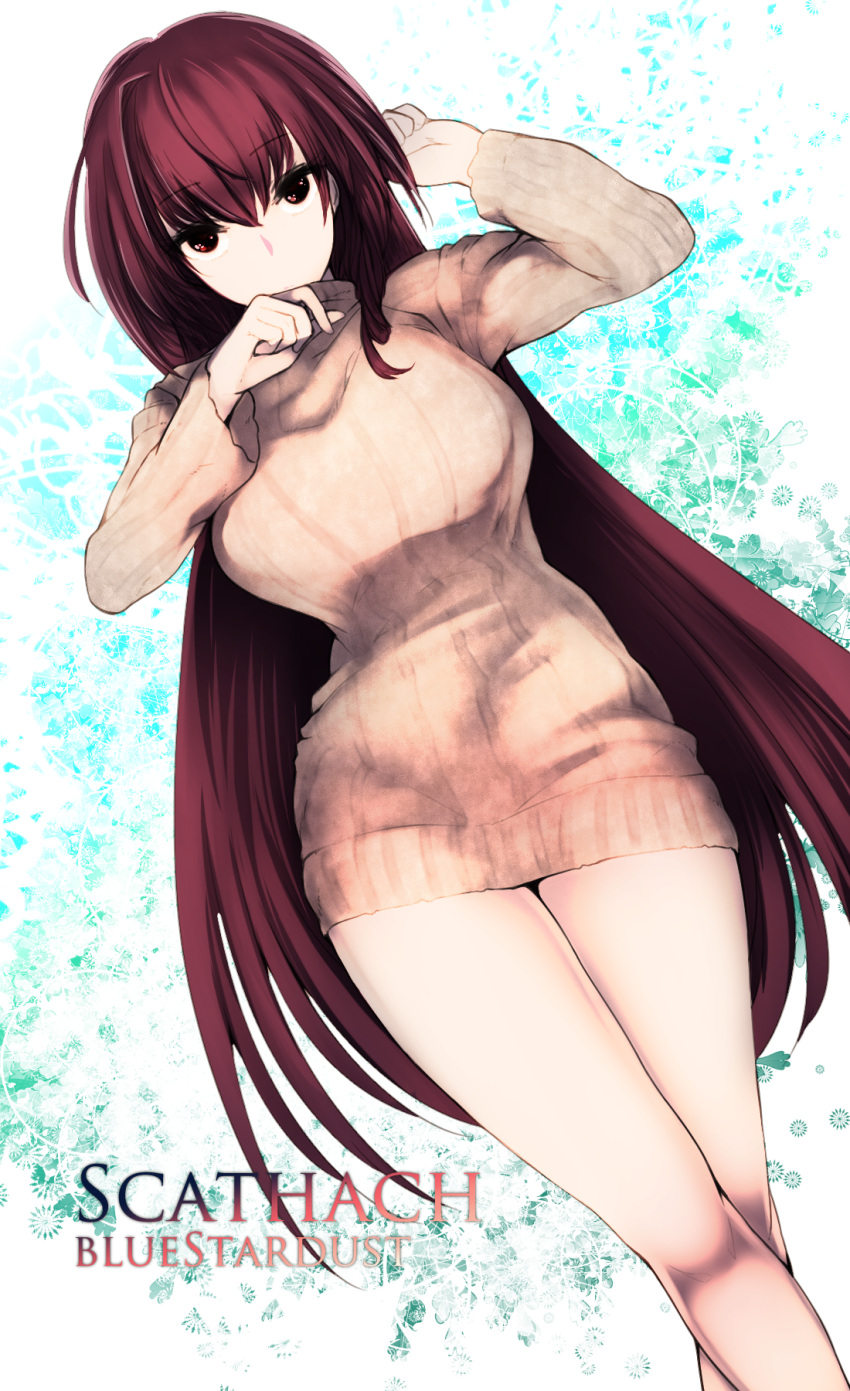 1girl alternate_costume artist_name bare_legs breasts character_name commentary_request fate/grand_order fate_(series) highres kojima_takuro large_breasts long_hair long_sleeves looking_at_viewer purple_hair red_eyes ribbed_sweater scathach_(fate/grand_order) solo sweater thighs turtleneck_sweater very_long_hair