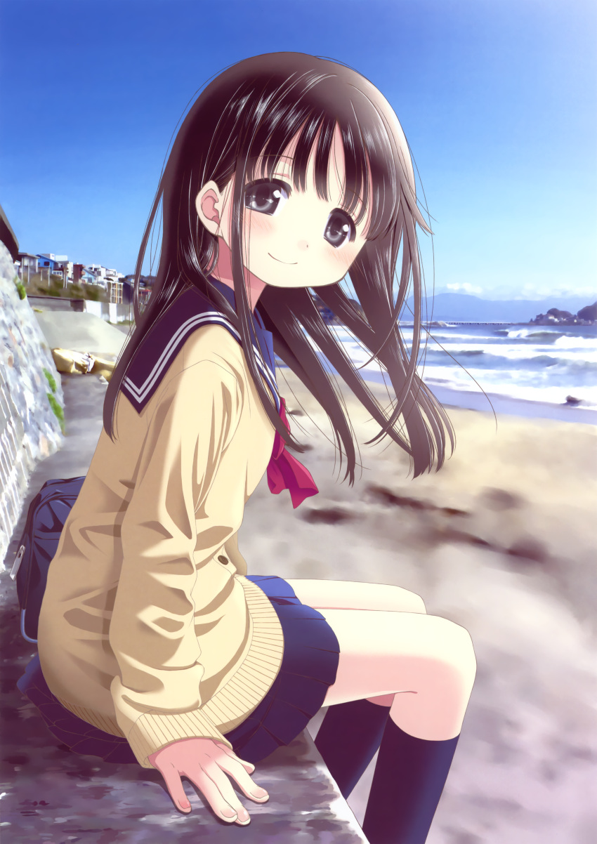 1girl absurdres aoki_ume bag beach black_hair black_legwear black_skirt blush closed_mouth from_side highres house huge_filesize kneehighs long_hair neckerchief original outdoors pleated_skirt scan school_bag sitting skirt sleeves_past_wrists smile solo sweater sweater_vest water wind yellow_sweater