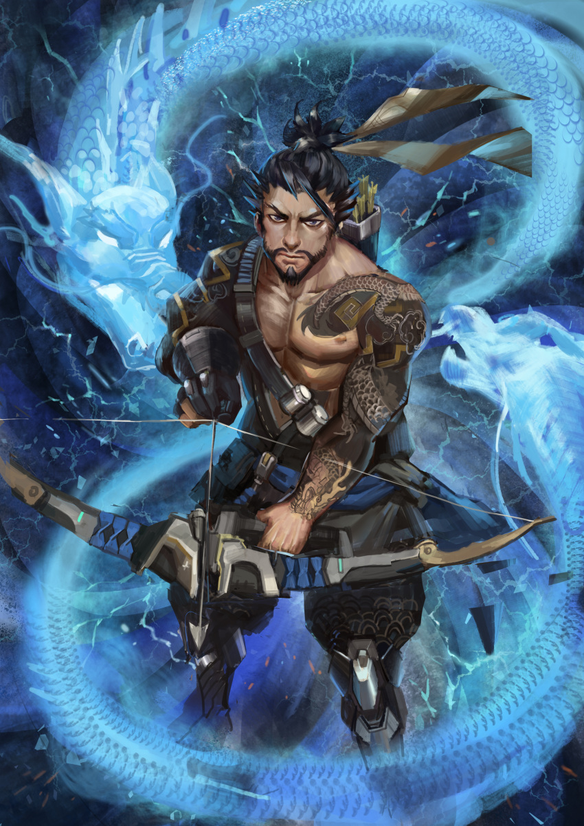 1boy absurdres arrow baggy_pants beard black_hair blue_eyes bow_(weapon) destiny_yama dragon eastern_dragon eyebrows facial_hair gloves hanzo_(overwatch) highres long_hair male_focus overwatch pants partly_fingerless_gloves pectorals ponytail quiver solo tattoo thick_eyebrows weapon