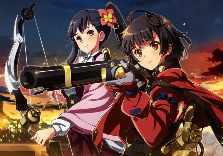 1girl 2girls black_hair bow_(weapon) gloves gun holding holding_gun holding_weapon japanese_clothes koutetsujou_no_kabaneri long_hair looking_at_viewer multiple_girls mumei_(kabaneri) nyoronyoro red_eyes short_hair side_ponytail smile violet_eyes weapon yomogawa_ayame