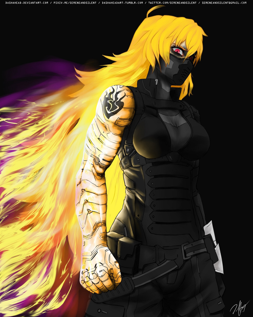 1girl artist_request blonde_hair captain_america_civil_war commentary female highres marvel mask red_eyes rwby solo winter_soldier winter_soldier_(cosplay) yang_xiao_long