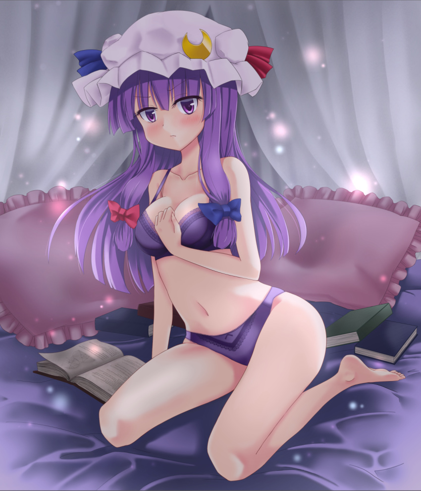 1girl 3692materia bangs bare_shoulders barefoot blue_ribbon blunt_bangs blush book bra breasts cleavage closed_mouth collarbone crescent crescent_hair_ornament curtains hair_ornament hair_ribbon hat highres kneeling long_hair looking_at_viewer mob_cap navel panties patchouli_knowledge pillow purple_bra purple_hair purple_panties red_ribbon ribbon sidelocks solo touhou tress_ribbon underwear underwear_only violet_eyes