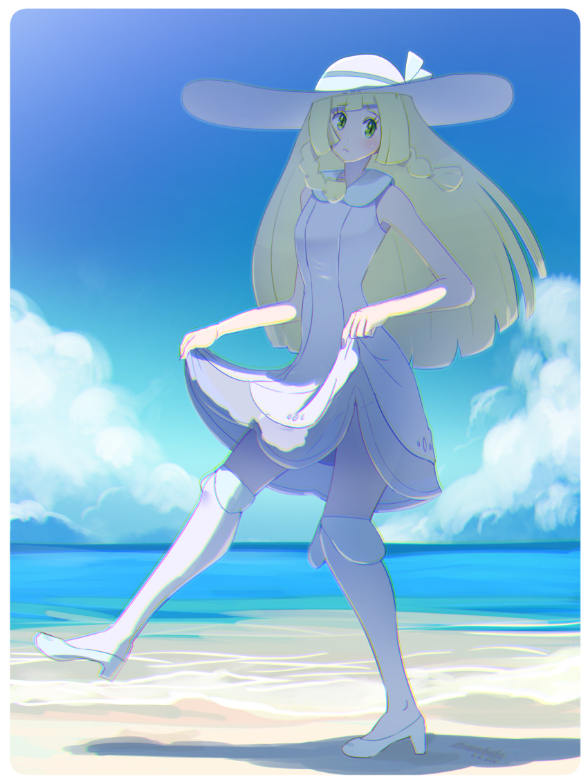 1girl bare_shoulders blonde_hair blush boris_(noborhys) braid chromatic_aberration clouds dress dress_lift green_eyes hat highres kneehighs lillie_(pokemon) long_hair pokemon pokemon_(game) pokemon_sm sky sleeveless sleeveless_dress solo sun_hat sundress twin_braids water white_dress