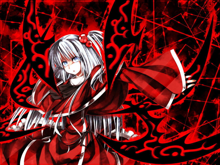 highres kazetto long_hair multiple_wings outstretched_arm shinki side_ponytail silver_hair solo touhou wings