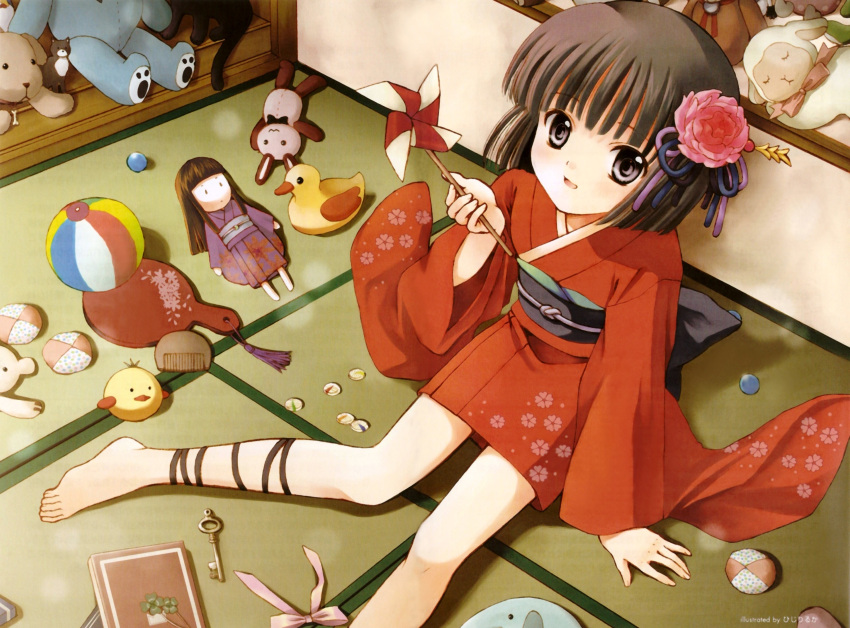 barefoot black_hair blush book brown_hair bunny child comb dog doll duck feet flat_chest flower hair_flower hair_ornament hand_mirror highres hijiri_ruka japanese_clothes key kimono leg_ribbon loli original pinwheel plushies ribbon rubber_duck sheep short_hair short_kimono silver_eyes sitting smile solo stuffed_animal stuffed_toy tatami tenshinranman toy toys violet_eyes