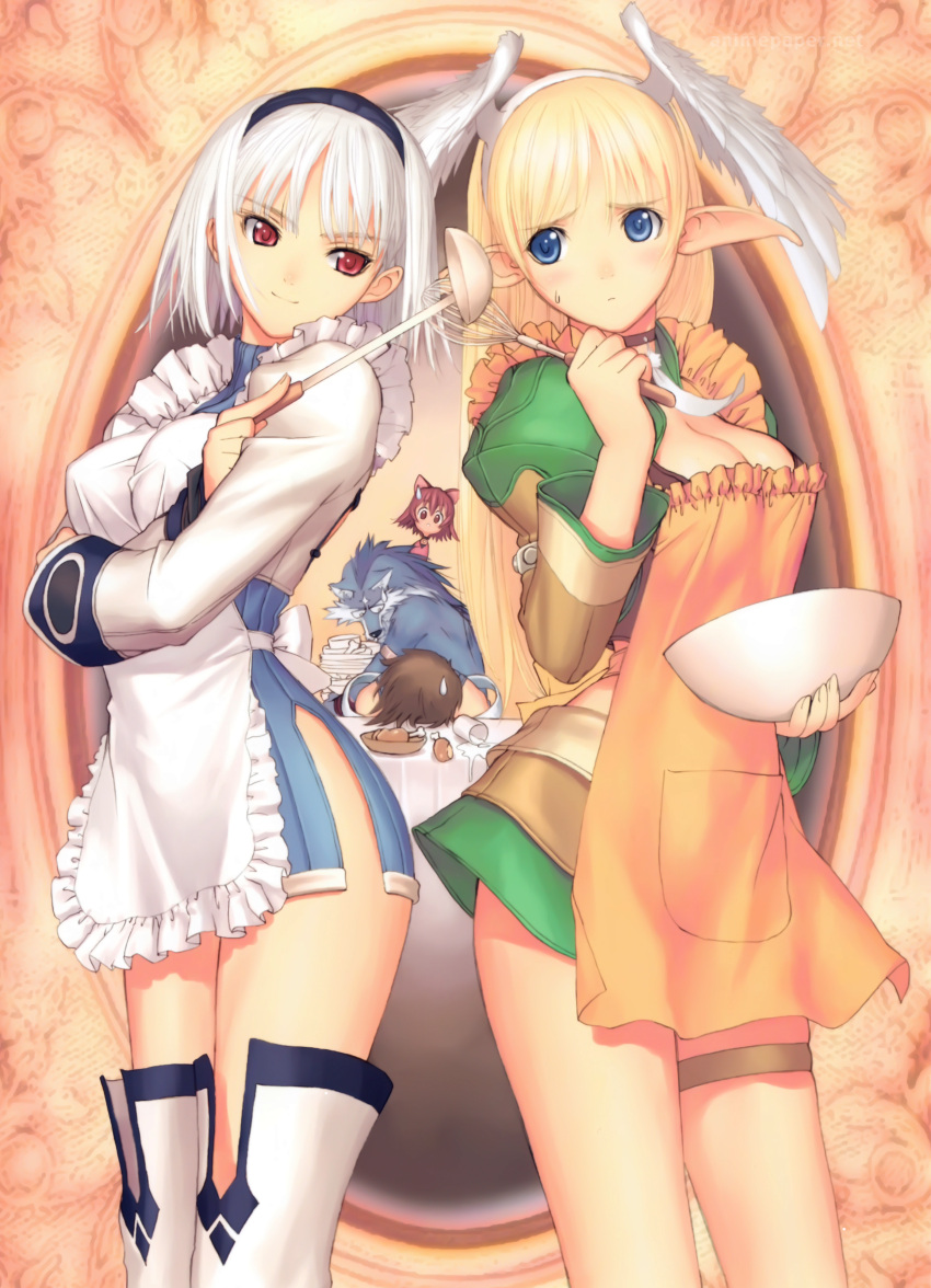 albino apron bad_food blanc_neige blonde_hair blue_eyes breasts cleavage cooking elf elwing food hairband head_wings headwings highres huge_filesize ladle long_hair mao mao_(shining_tears) pointy_ears red_eyes shining_(series) shining_tears shining_wind short_hair taka_tony thighhighs tsurime very_long_hair volg white_hair wolf xion