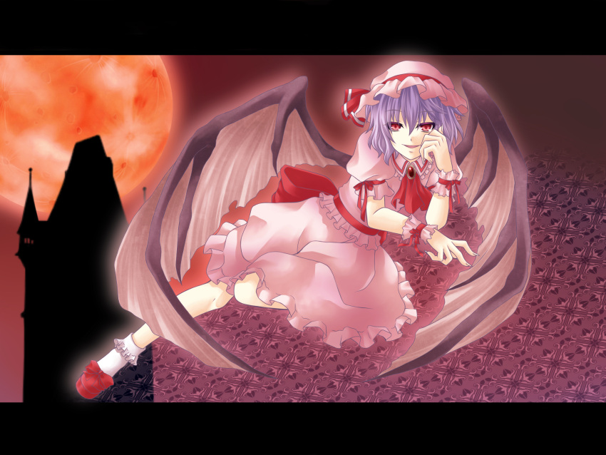 blue_hair hat highres hitsugi_kaname moon red_eyes red_moon remilia_scarlet short_hair solo touhou wings wrist_cuffs