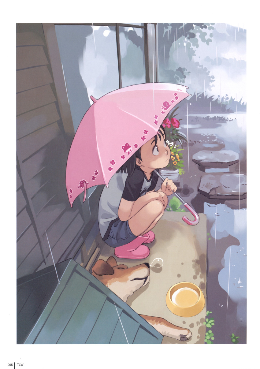 absurdres child dog highres rain shorts sitting solo squat takamichi umbrella