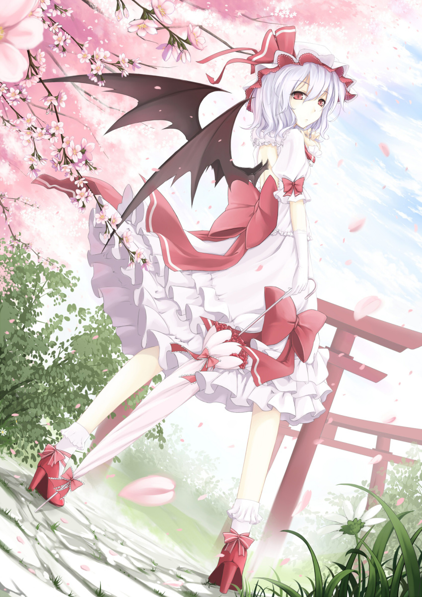 1girl bat_wings blue_hair blue_sky cherry_blossoms closed_umbrella clouds cloudy.r dress elbow_gloves flower gloves hat hat_ribbon high_heels highres looking_at_viewer petals pink_eyes puffy_sleeves red_eyes red_shoes remilia_scarlet ribbon sash shoes short_sleeves sky slit_pupils solo torii touhou tree turning umbrella white_dress white_gloves wings