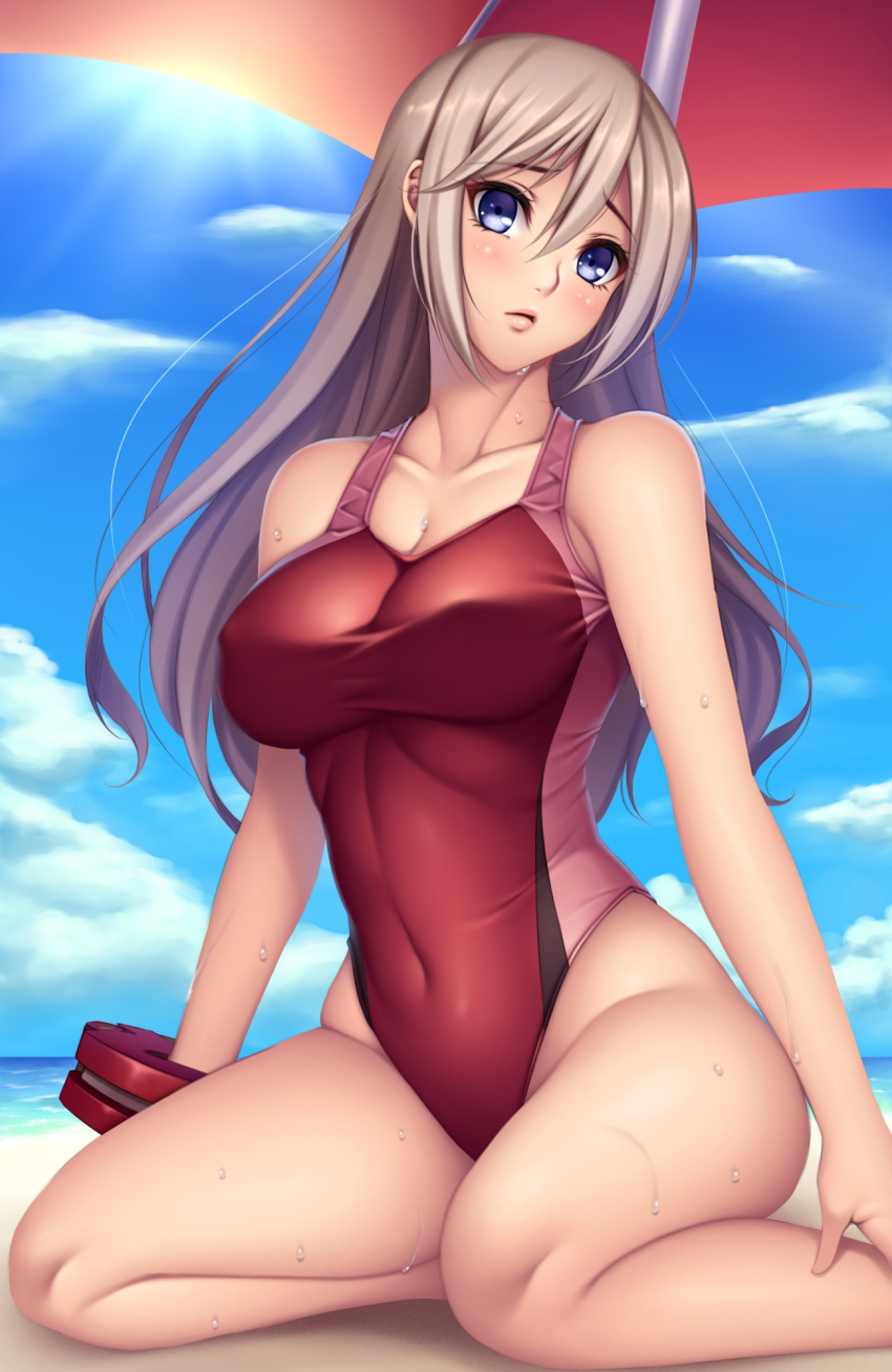 1girl alisa_ilinichina_amiella beach blue_eyes blue_sky breasts clouds commentary_request competition_swimsuit god_eater highres large_breasts long_hair looking_at_viewer ocean one-piece_swimsuit outdoors sand silver_hair sky smile solo swimsuit watanuki_kaname water