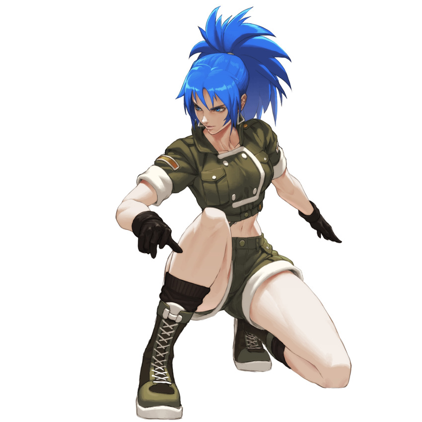 1girl bangs black_gloves black_legwear blue_eyes blue_hair boots breasts buttons collarbone crop_top cross-laced_footwear double-breasted earrings full_body gloves green_boots green_shorts hair_between_eyes highres jewelry kneehighs lace-up_boots large_breasts leona_heidern long_hair looking_away loped midriff navel one_knee parted_lips pocket ponytail shade short_sleeves shorts simple_background solo stomach the_king_of_fighters toned triangle white_background