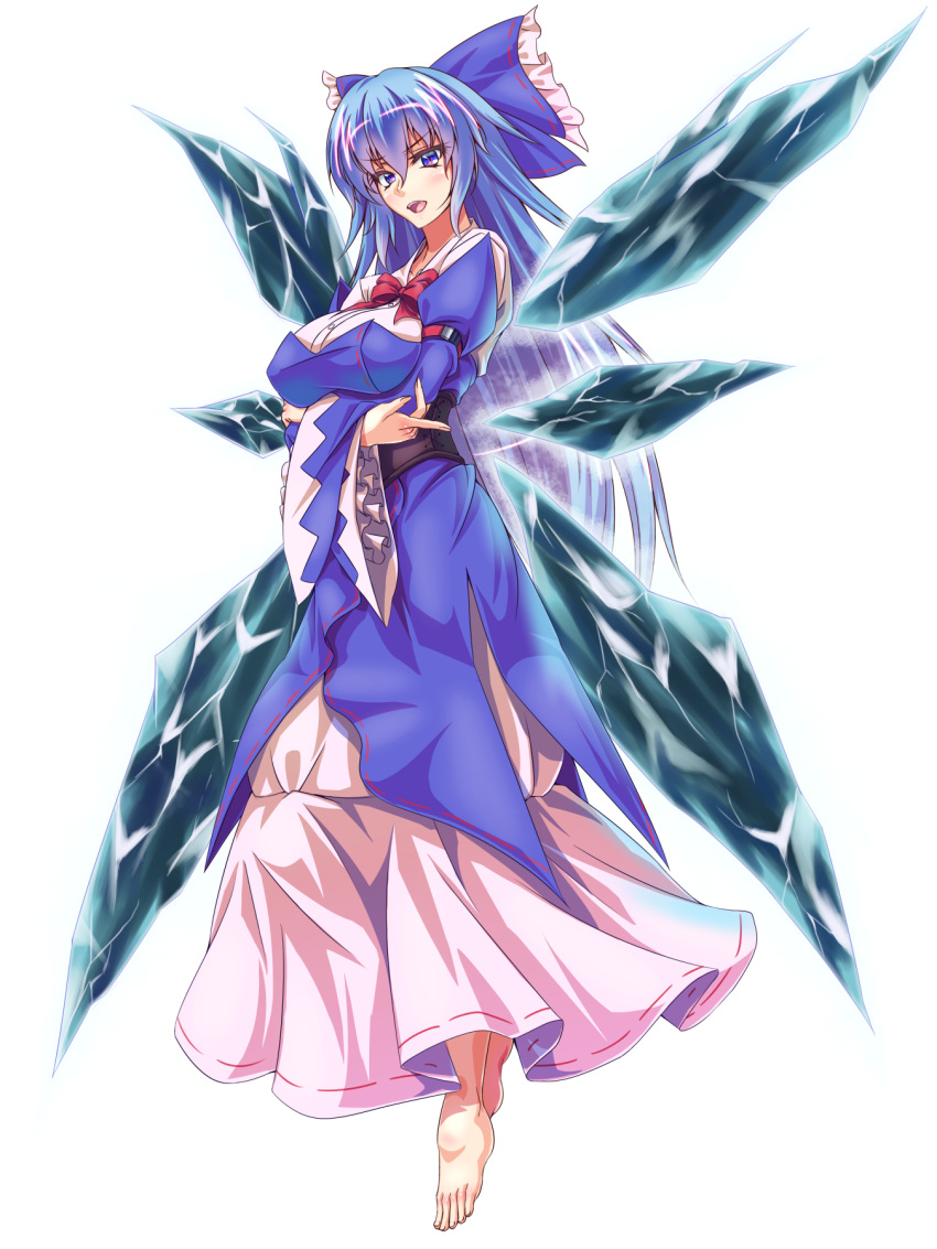 &gt;:o 1girl :o arm_strap barefoot blue_bow blue_dress blue_eyes blue_hair blush bow bowtie breast_hold breasts cirno commentary_request corset crossed_arms dress full_body hair_bow highres ice ice_wings large_breasts long_hair looking_at_viewer older open_mouth red_bow red_bowtie simple_background smile solo tachi-e touhou white_background wings zephid