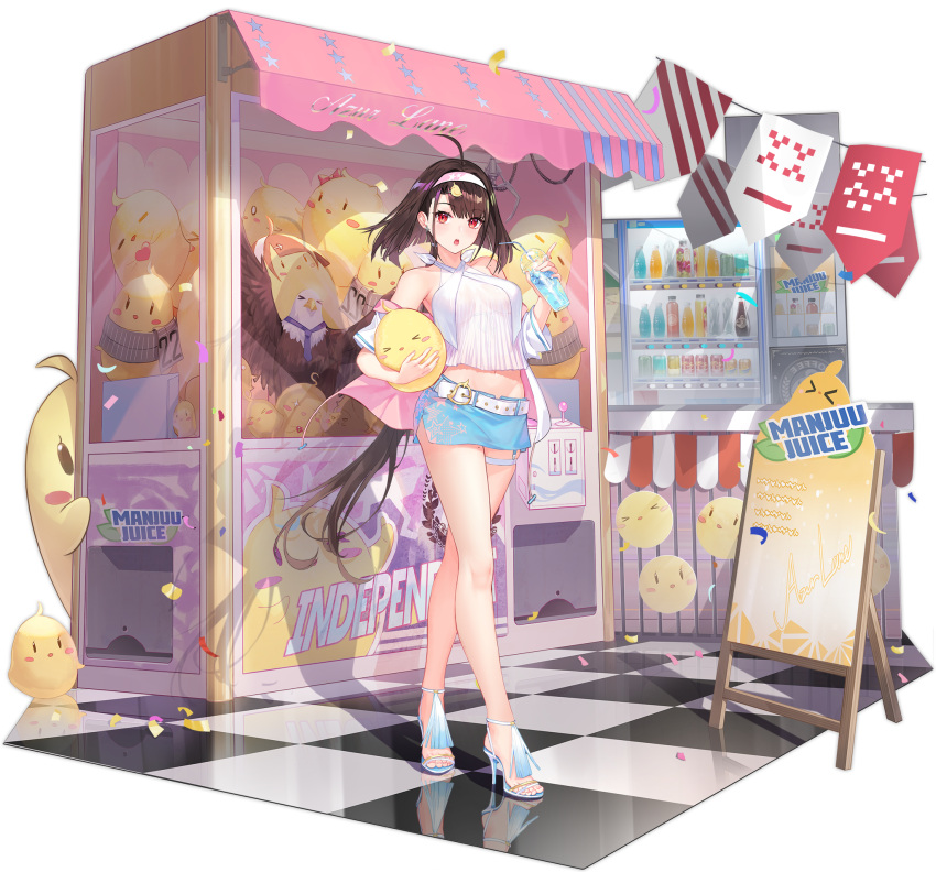 1girl ahoge atdan azur_lane bare_shoulders brown_hair checkered drink earrings female full_body hairband high_heels highres holding holding_drink independence_(azur_lane) independence_(the_tailwind_of_opportunity)_(azur_lane) jewelry long_hair looking_at_viewer manjuu_(azur_lane) miniskirt mole mole_on_arm mole_on_thigh navel official_alternate_costume official_art open_mouth red_eyes skirt standing transparent_background
