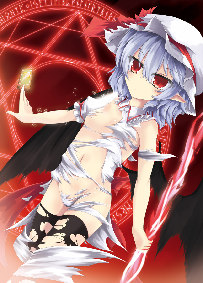1girl akisome_hatsuka bat_wings between_fingers black_legwear card closed_mouth dutch_angle groin hair_between_eyes hat hat_ribbon highres holding holding_card looking_at_viewer magic_circle mob_cap navel pointy_ears purple_hair red_eyes remilia_scarlet ribbon short_hair small_breasts solo sparkle spear_the_gungnir spell_card standing stomach thigh-highs torn_clothes torn_thighhighs touhou wings