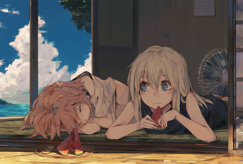 2girls blonde_hair blue_eyes calendar_(object) closed_eyes clouds commentary_request electric_fan food fruit hair_ornament i-58_(kantai_collection) kantai_collection kashii_(amoranorem) long_hair looking_at_another lying multiple_girls ocean on_side on_stomach pink_hair plate shirt short_hair sleeping sleeveless sleeveless_shirt summer tatami u-511_(kantai_collection) watermelon wavy_mouth