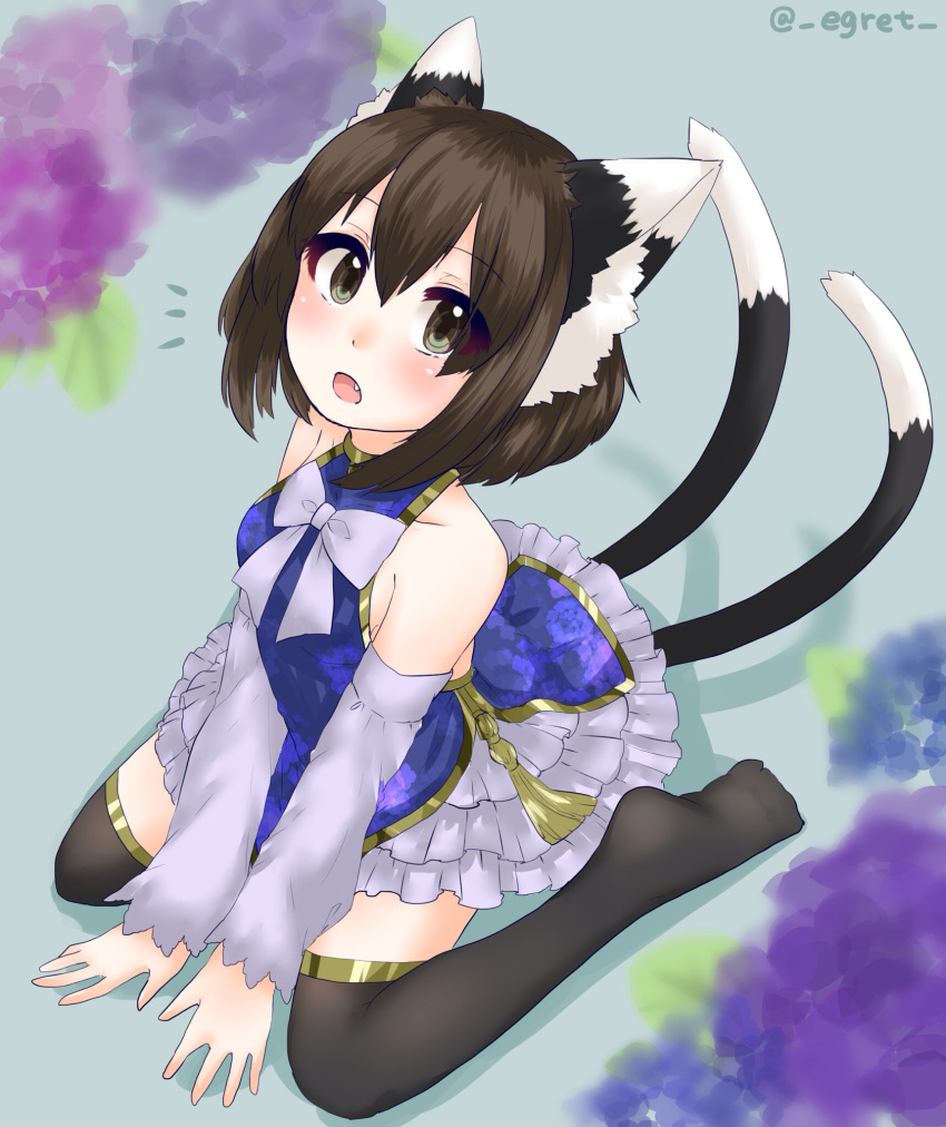 /\/\/\ 1girl :o animal_ears arm_warmers artist_name bare_arms bare_shoulders between_legs black_legwear blue_background blue_dress bow bowtie brown_hair cat_ears cat_tail chen china_dress chinese_clothes colored_eyelashes dress egret eyelashes fang flower frilled_dress frills from_above full_body green_eyes hand_between_legs highres hydrangea layered_dress looking_up multiple_tails nekomata open_mouth petticoat purple_bow purple_bowtie short_hair simple_background sitting sleeveless sleeveless_dress solo tail tareme tassel thigh-highs tooth touhou two_tails wariza zettai_ryouiki