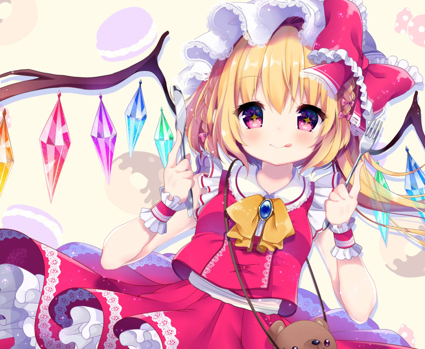 +_+ 1girl :p blonde_hair blush braid brooch cravat crystal doughnut dutch_angle flandre_scarlet food fork french_braid hat hat_ribbon highres jewelry knife looking_at_viewer macaron miiiiiiii mob_cap patterned_background red_eyes ribbon shirt side_ponytail skirt skirt_set sleeveless smile solo sparkling_eyes stuffed_animal stuffed_toy teddy_bear tongue tongue_out touhou upper_body wings wrist_cuffs