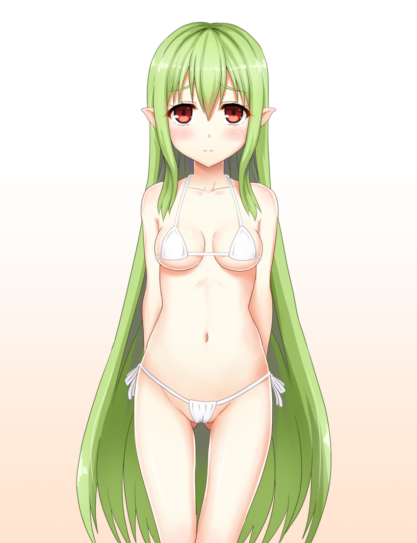 1girl arms_behind_back bikini blush breasts gas_welder_(ole_tower) gradient gradient_background green_hair highres long_hair looking_at_viewer ole_tower pointy_ears red_eyes sariri_fudou solo swimsuit very_long_hair white_bikini