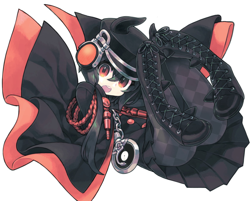 1girl animal_costume argyle argyle_legwear black_boots black_hair black_legwear black_skirt boots cape chain cross-laced_footwear hat headphones highres itsumo_nokoru jack_plug lace-up_boots looking_at_viewer open_mouth original pleated_skirt red_eyes rope round_teeth skirt solo speaker teeth transparent_background
