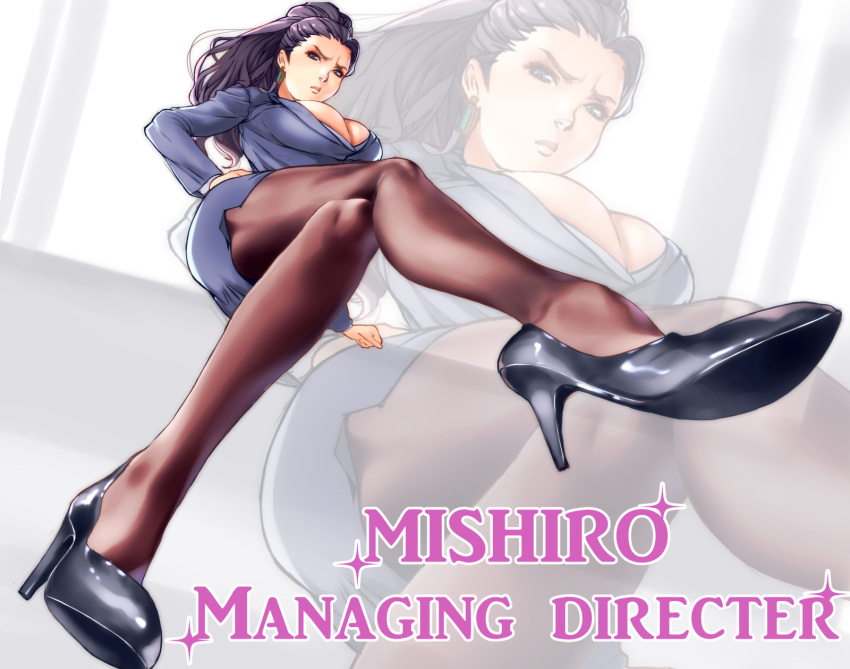 1girl breasts cleavage crossed_legs earrings engrish executive_mishiro high_heels highres idolmaster idolmaster_cinderella_girls jewelry jorori large_breasts legs long_hair long_legs looking_at_viewer looking_down pantyhose pout purple_hair ranguage solo thighs zoom_layer