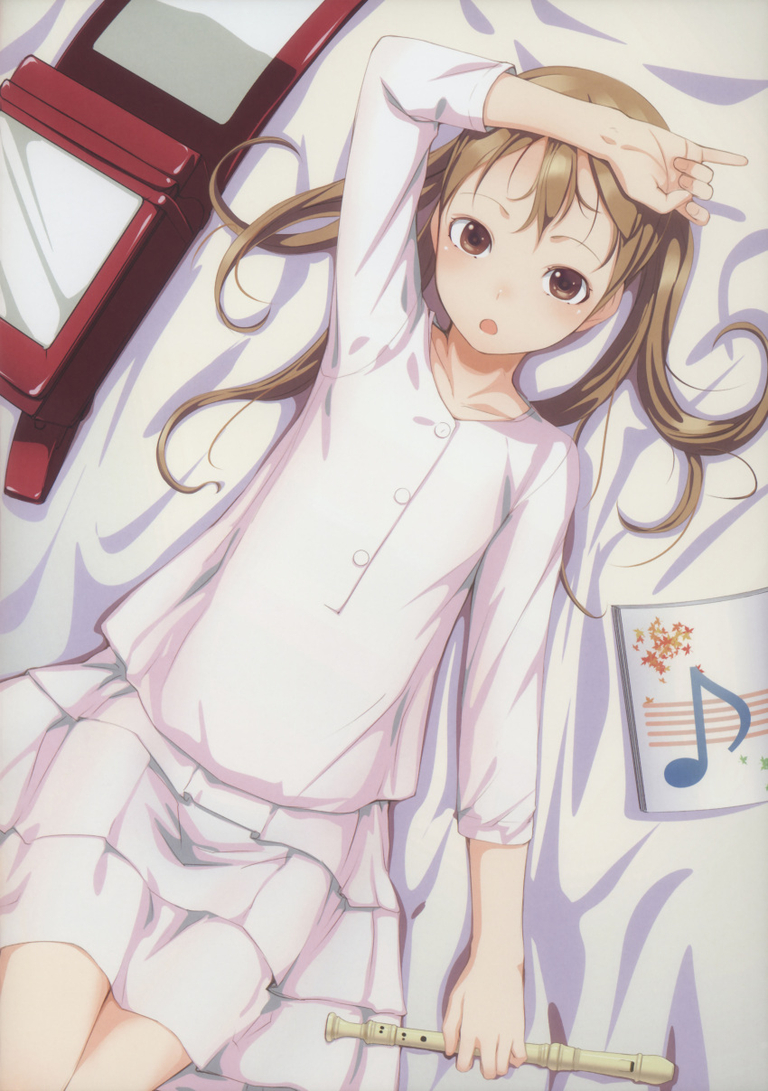 1girl absurdres arm_up backpack bag blush book brown_eyes brown_hair collarbone from_above highres holding instrument leaf long_hair long_sleeves looking_at_viewer lying maple_leaf musical_note on_back open_book open_mouth original randoseru recorder shirt skirt sody solo twintails white_shirt white_skirt