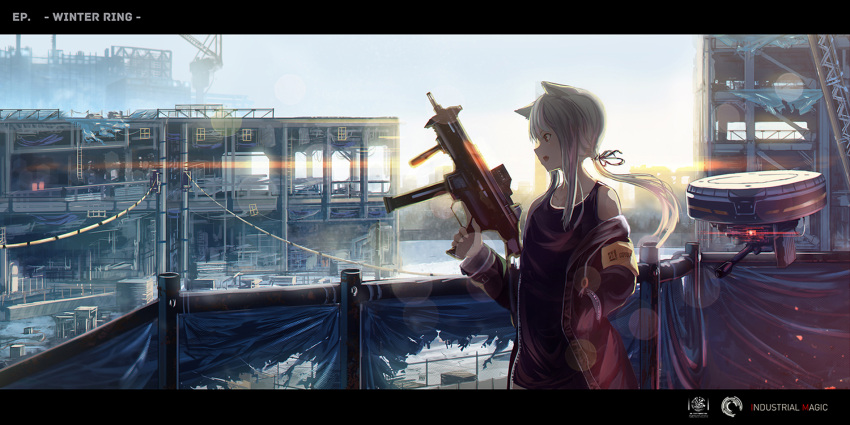 1girl animal_ears armband backlighting building copyright_name drone fang gun h&amp;k_ump hand_in_pocket heckler_&amp;_koch holding inabi jacket lens_flare letterboxed open_mouth original ponytail profile railing red_eyes solo submachine_gun tank_top weapon