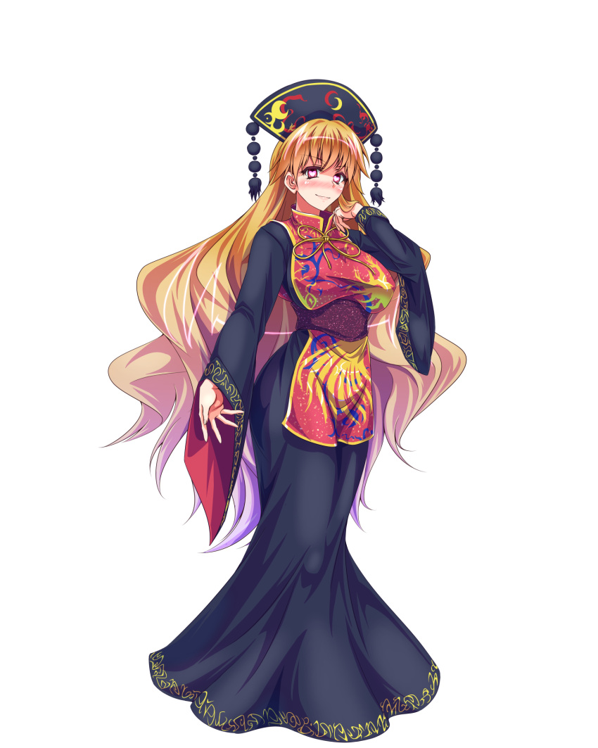 1girl black_dress blonde_hair blush breasts chinese_clothes commentary_request crescent dress full_body hair_flip hat heart heart-shaped_pupils highres junko_(touhou) large_breasts long_hair long_sleeves looking_at_viewer open_mouth red_eyes sash simple_background smile solo symbol-shaped_pupils tabard tachi-e touhou very_long_hair white_background wide_sleeves zephid