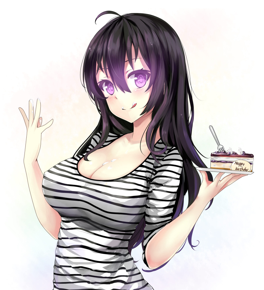 1girl ahoge beifeng_han black_hair breasts cake cleavage cream cream_on_face food food_on_body food_on_face glowing glowing_eyes happy_birthday highres large_breasts long_hair looking_at_viewer miyaura_sanshio original smile solo violet_eyes