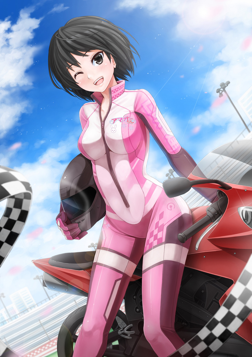1girl ;d alternate_costume amagami bangs black_eyes black_hair blue_sky blurry blush bob_cut bodysuit breasts building bunny_print carrying_under_arm checkered clothes_writing clouds depth_of_field dutch_angle eyebrows eyebrows_visible_through_hair full-length_zipper glint gloves ground_vehicle headwear_removed helmet helmet_removed highres lamppost large_breasts lens_flare long_sleeves looking_at_viewer motor_vehicle motorcycle motorcycle_helmet nanasaki_ai one_eye_closed open_mouth outdoors petals pink_gloves racequeen short_hair sidesaddle sitting sky smile solo sunimu zipper