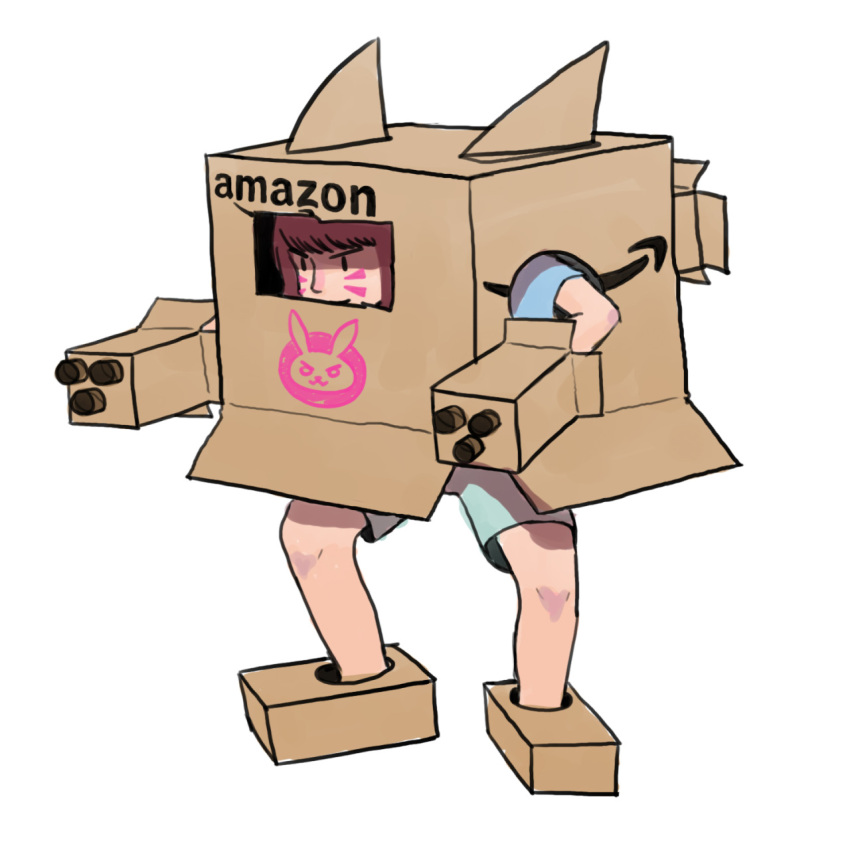 1girl amazon_(company) bangs bare_legs bent_over blue_shirt box brown_hair cardboard_box cardboard_box_gundam chexgirlfriend commentary d.va_(overwatch) drawing facial_mark green_shorts highres hunched_over knees overwatch shirt shorts simple_background solo swept_bangs t-shirt toilet_paper_tube whisker_markings white_background |_|