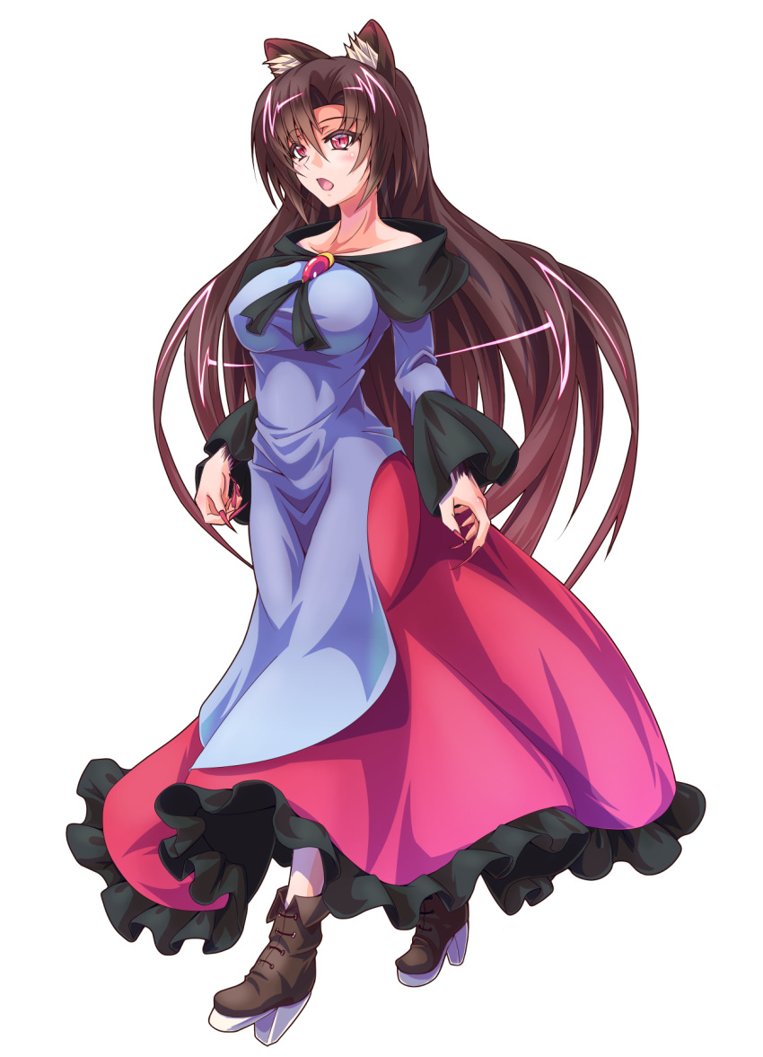 1girl animal_ears bare_shoulders blush boots breasts brooch brown_boots brown_hair collarbone commentary_request dress fingernails frilled_dress frills full_body fur high_heel_boots high_heels highres imaizumi_kagerou jewelry large_breasts long_fingernails long_hair long_sleeves nail_polish open_mouth red_eyes red_nails simple_background solo tachi-e touhou very_long_hair white_background wide_sleeves wolf_ears zephid