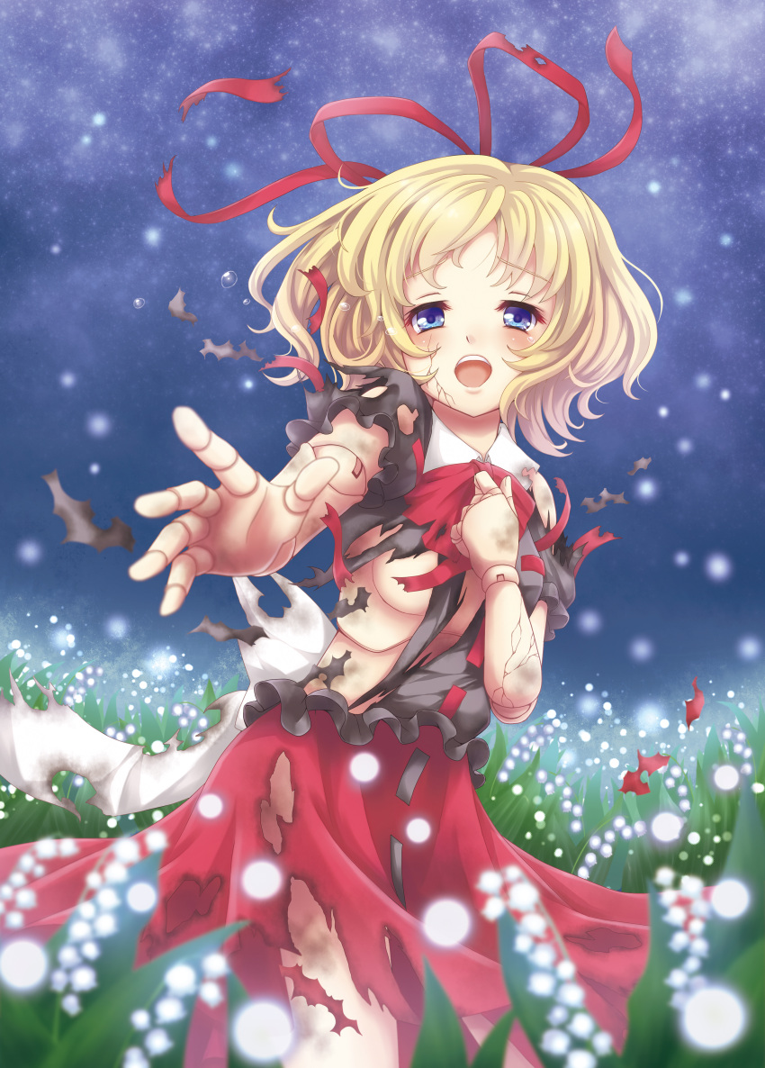 1girl absurdres alcohol blonde_hair blue_eyes blush doll_joints flower highres lily_of_the_valley medicine_melancholy mitsucho sake shirt skirt solo source_request tears torn_clothes torn_shirt torn_skirt torn_sleeves touhou