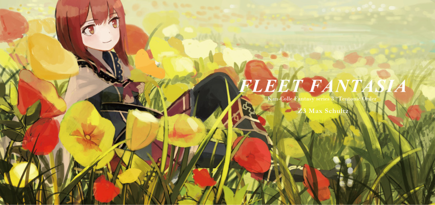 1girl alternate_costume auburn_hair boots brown_eyes cape character_name field flower flower_field kantai_collection knee_boots leaning_back plant_request ruisento short_hair skirt smile solo z3_max_schultz_(kantai_collection)