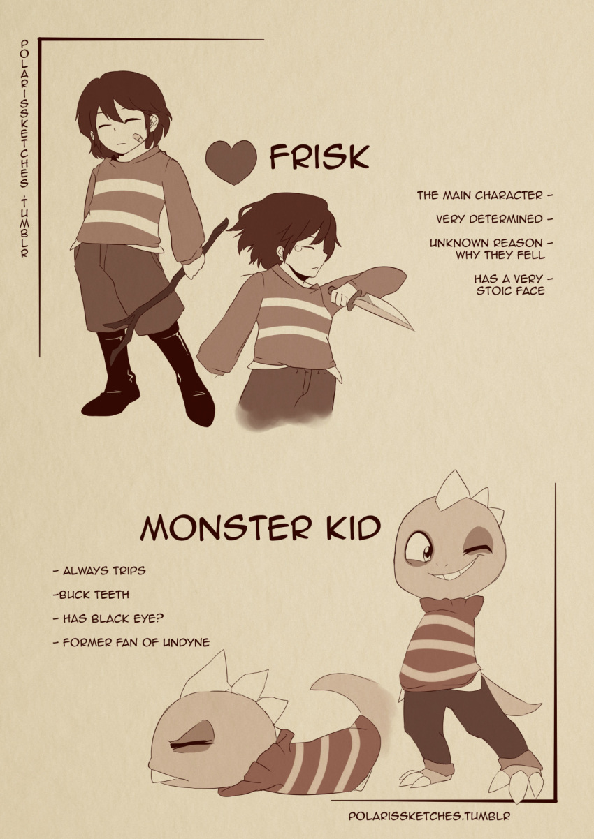 bandaid bandaid_on_face black_eye boots character_name character_sheet closed_eyes english faceplant frisk_(undertale) heart highres injury knee_boots knife monochrome monster_kid_(undertale) no_arms one_eye_closed polaris_(polarissketches) shirt shorts stick striped striped_shirt sweater tail undertale watermark web_address